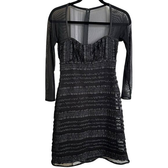 Vintage Tadashi‎ Black Mini Dress Long Sleeve Mesh Ruffle Trim Party Cocktail - Picture 1 of 11